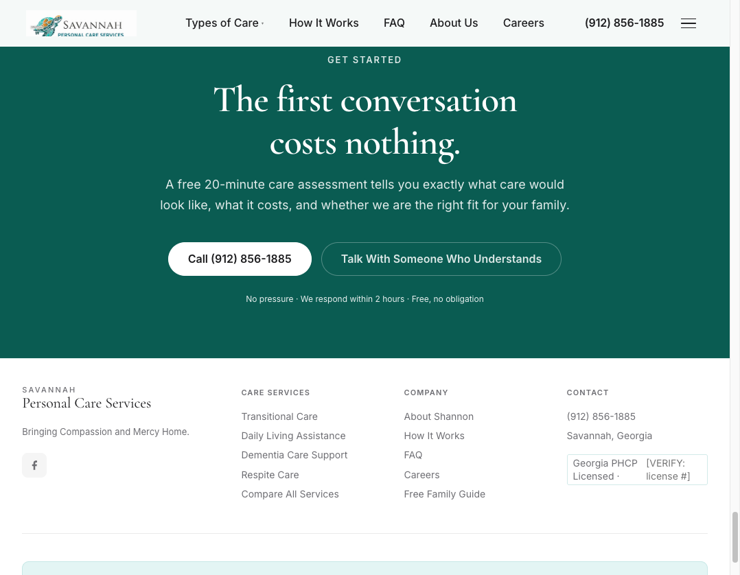 Get started section and footer — Savannah Personal Care Services